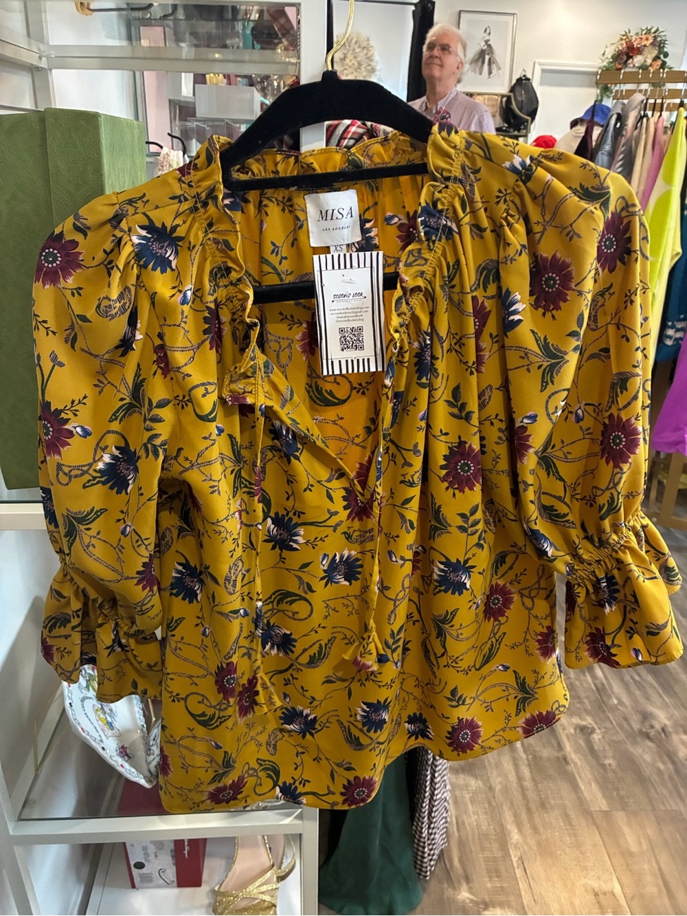 Misa Los Angeles Mustard Floral Ruffle-Neck Blouse